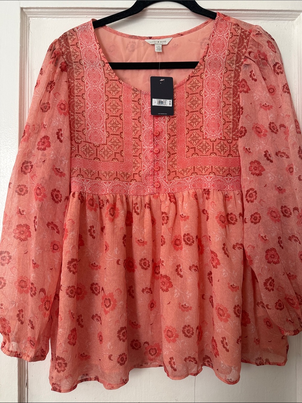 Chelsea & Violet Coral Pink Floral Peasant Tunic Blouse